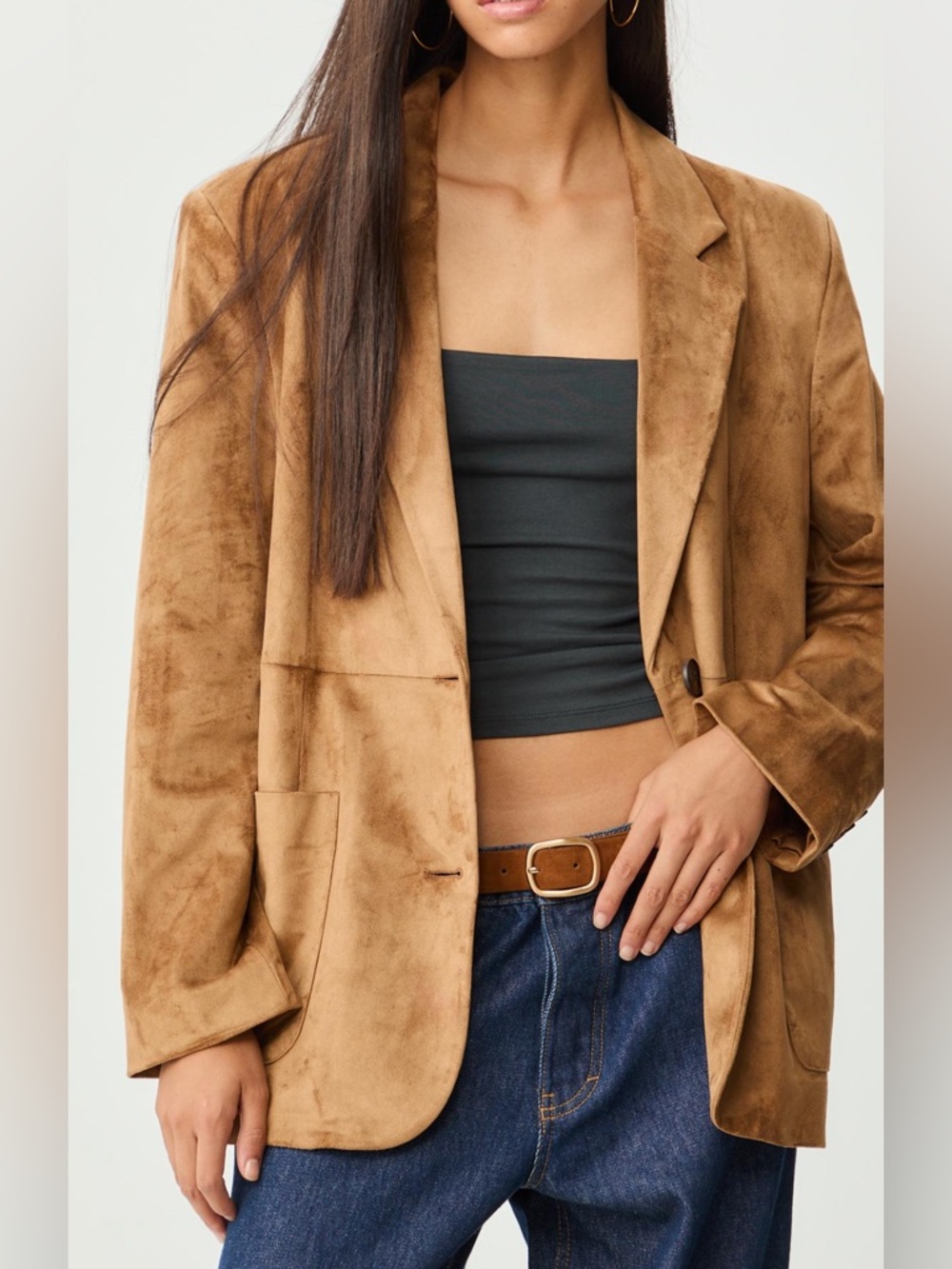 stradivarius Camel Suede-Look Single-Button Blazer